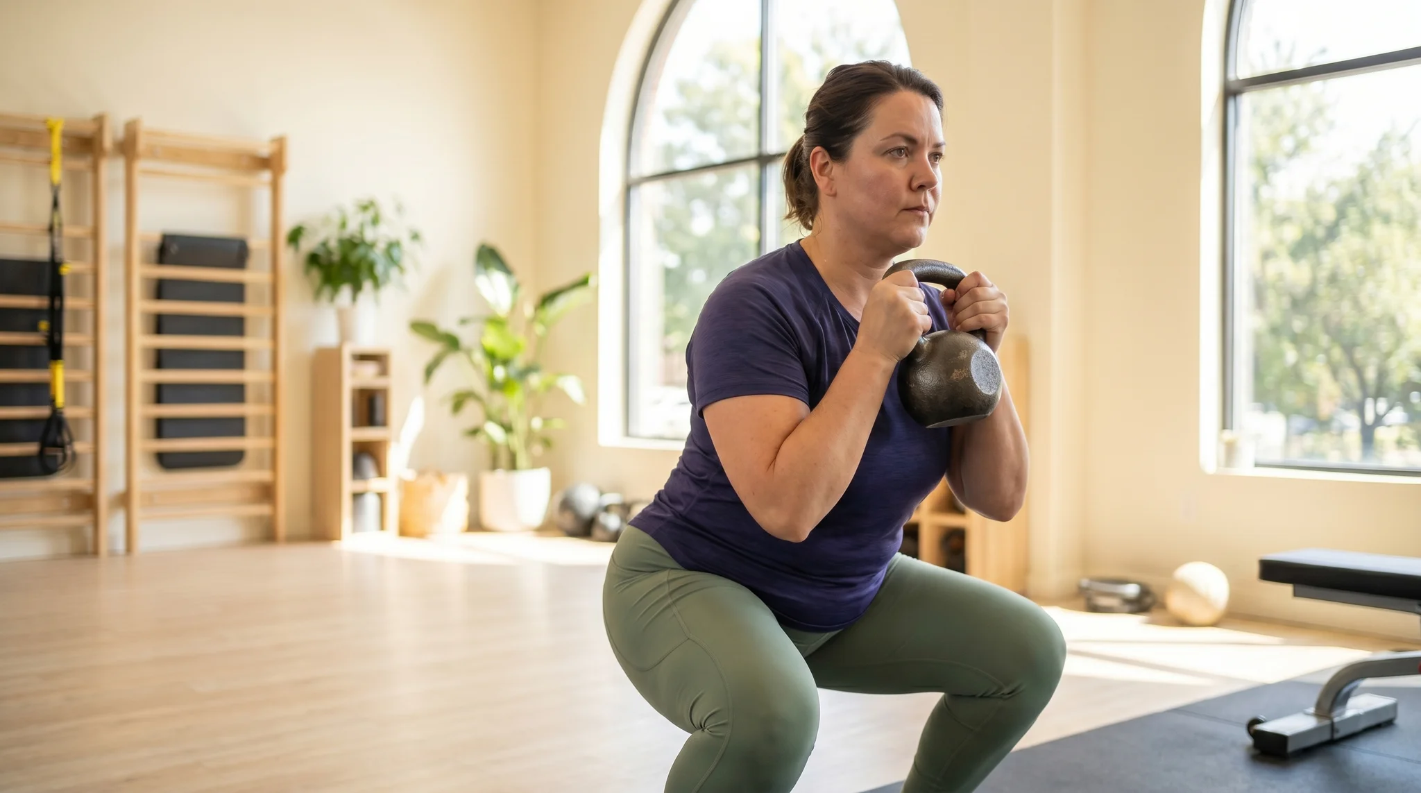 Plus-size adult performing a controlled goblet squat with a kettlebell in a welcoming bright gym