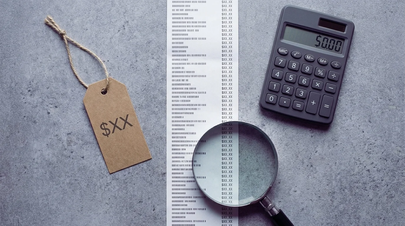 Flat-lay of a wellness product price tag, a calculator, an itemized receipt, and a magnifying glass