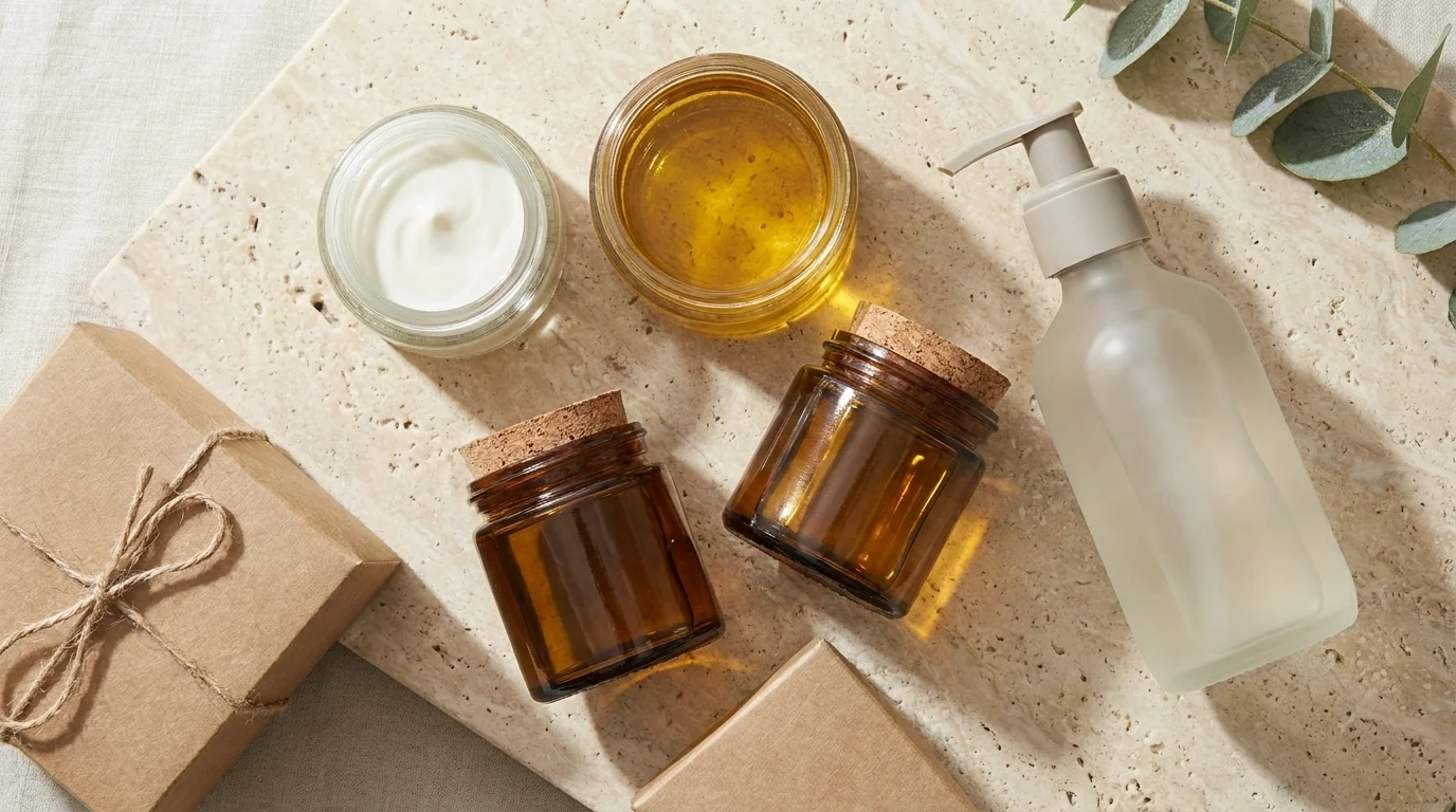 Overhead flat-lay of refillable glass jars and recyclable wellness-product packaging on a neutral stone surface