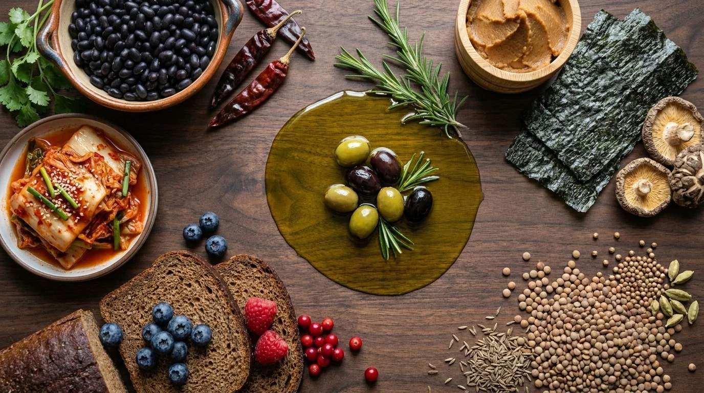 Overhead of cultural diets examples by region — black beans, kimchi, olives, miso, seaweed, rye and berries, spiced lentils