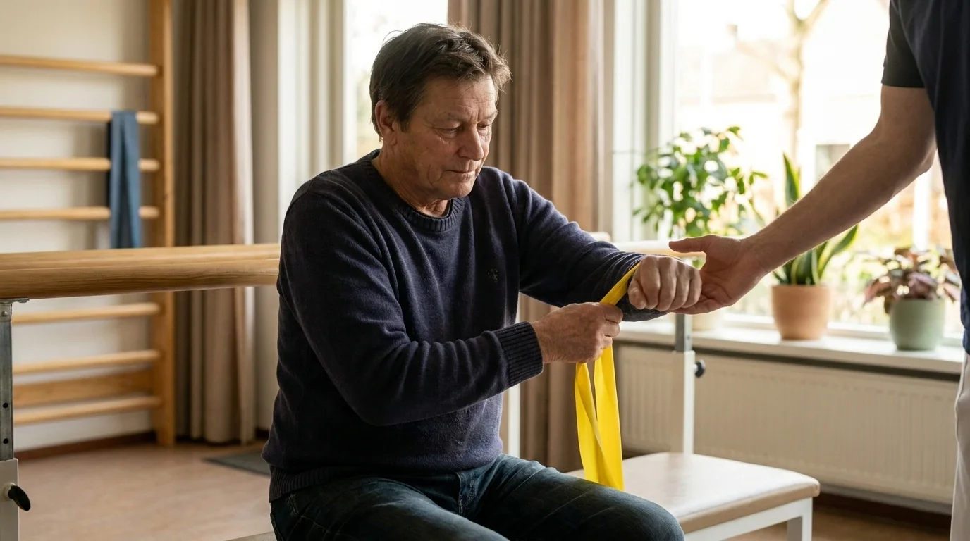 A person working through a rehabilitation exercise with quiet, focused determination in warm natural light