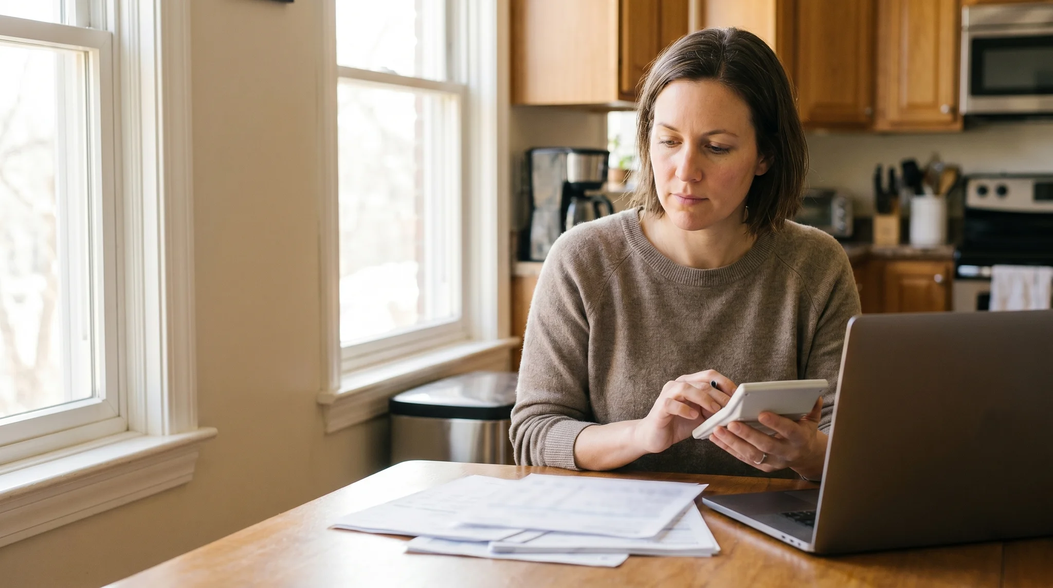 Person reviewing healthcare costs with a calculator and paperwork at a kitchen table, thoughtful expression