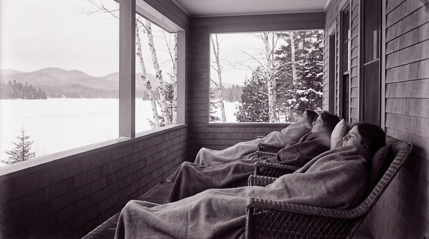 Patients in wool blankets reclining on the open-air porch of an early-1900s Saranac Lake tuberculosis cure cottage