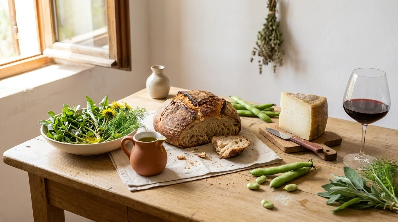 Sardinian kitchen scene with sourdough barley loaf, fava beans, pecorino, olive oil, wild greens and a glass of Cannonau wine