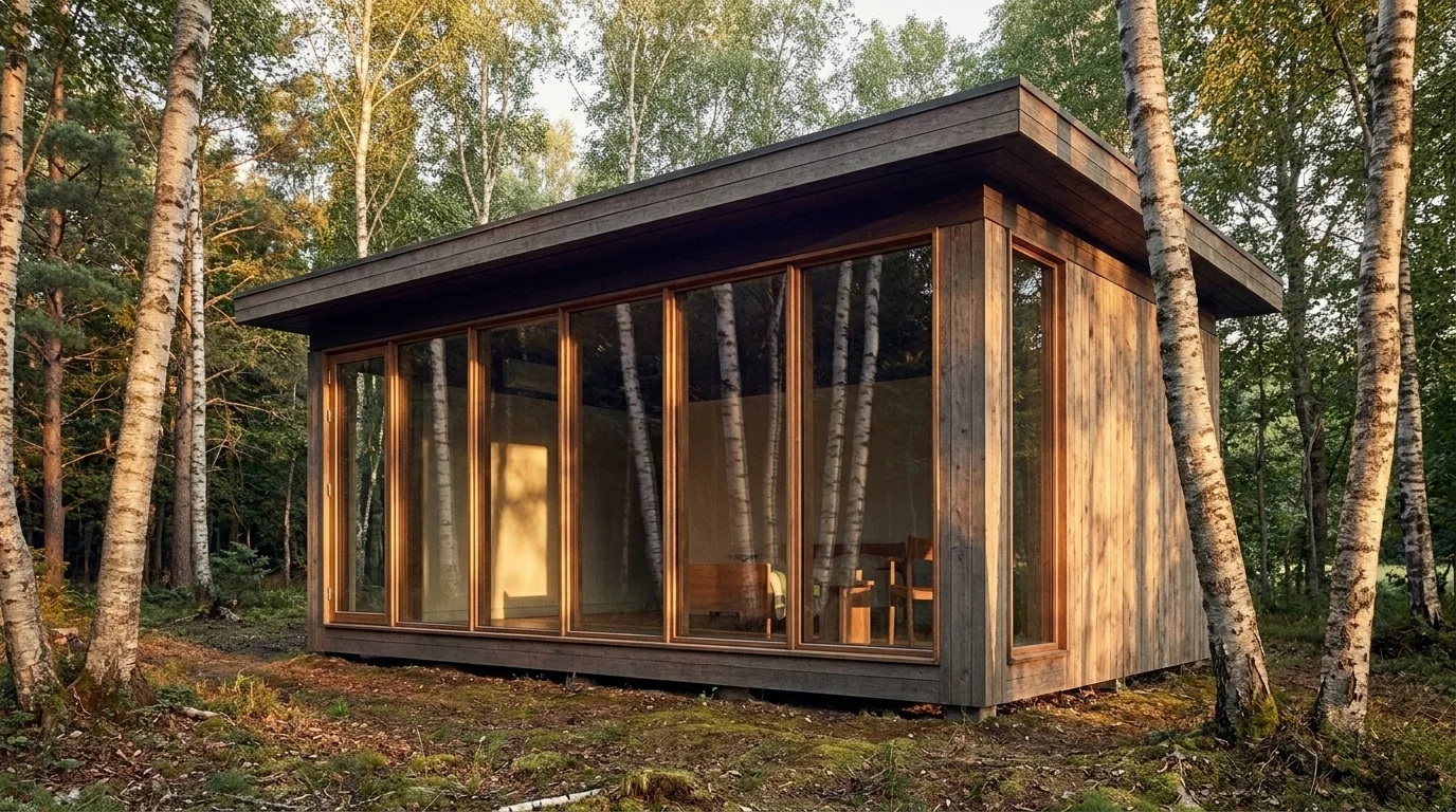 Small contemporary wooden cabin with floor-to-ceiling glass walls nestled among Scandinavian birch trees at golden hour