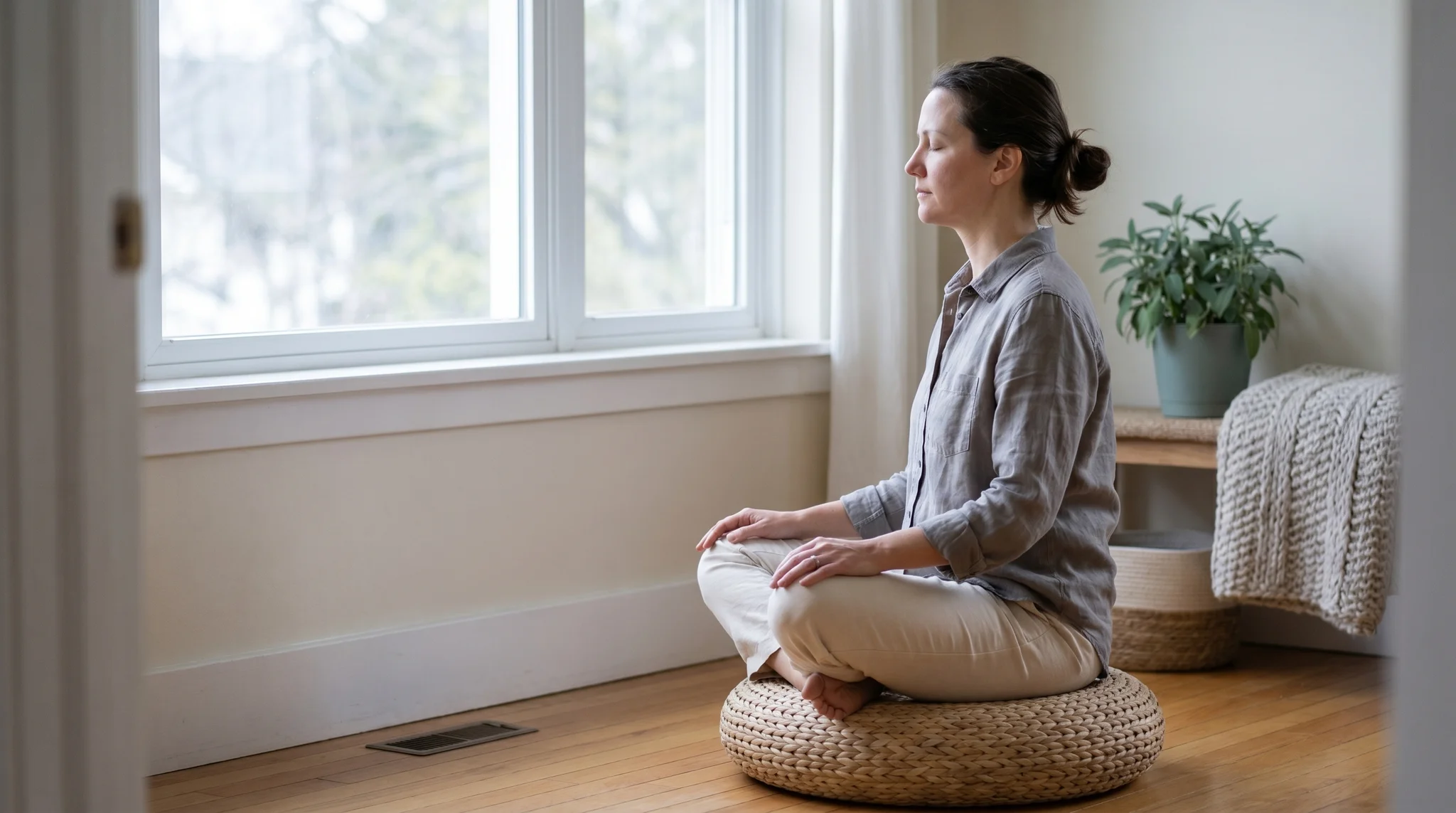 Person sitting upright in seated meditation on a cushion by a window in soft morning light
