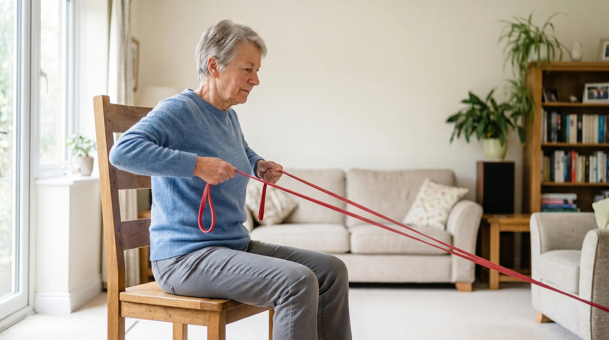 Older adult doing seated resistance-band rows on a chair in a bright living room with controlled form