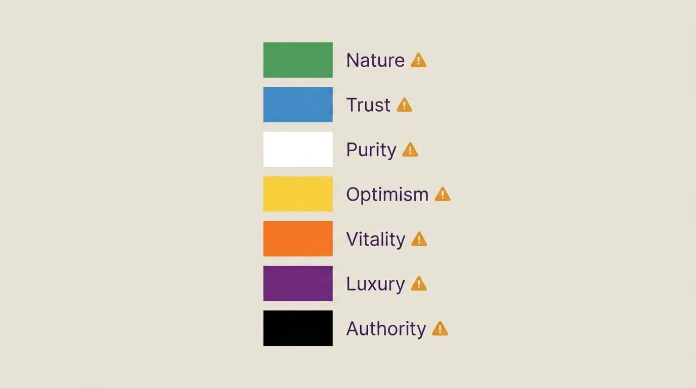 Chart of seven color swatches, each paired with an emotion keyword and a small caution icon