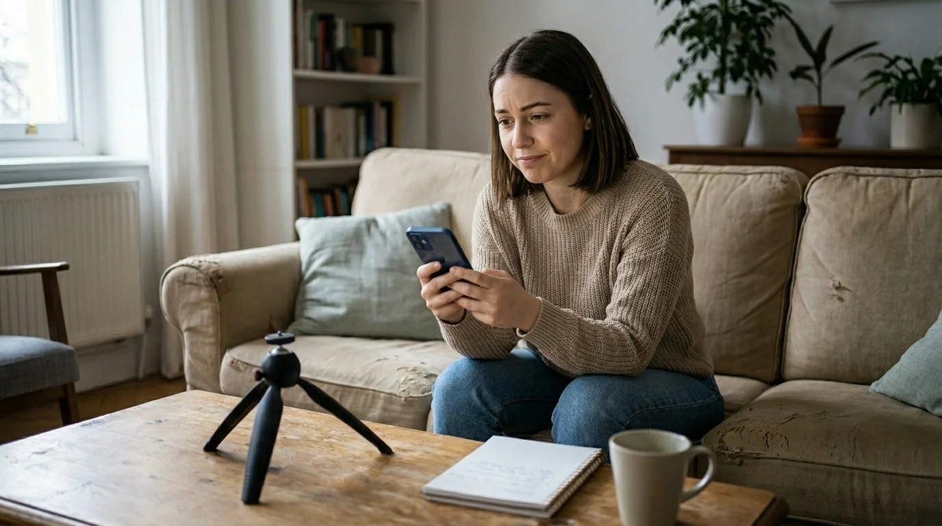 Person on a couch in daylight eyeing a wellness post on their phone with a thoughtful, skeptical expression