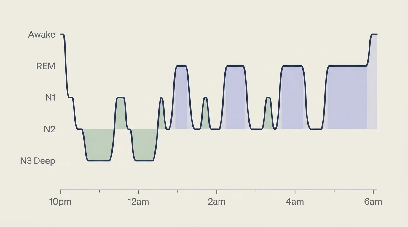 Hypnogram showing one night's sleep architecture with N3 deep sleep concentrated in first third and REM dominant in second half