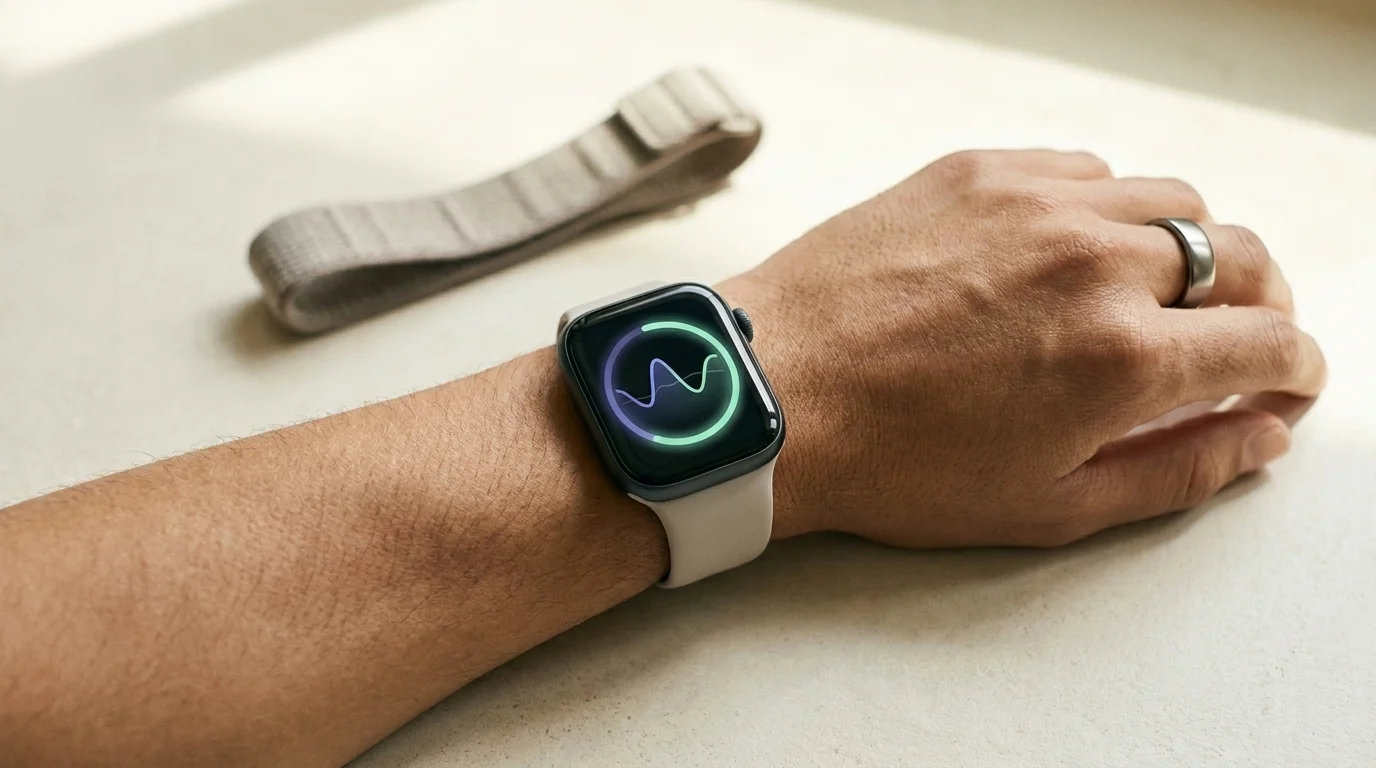 A smartwatch on a wrist shows an abstract stress and recovery trend, with a smart ring on the finger