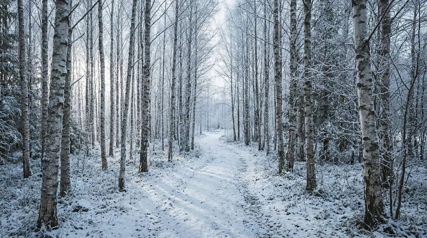A snow-dusted forest trail winds between bare birch trees in soft cold morning light