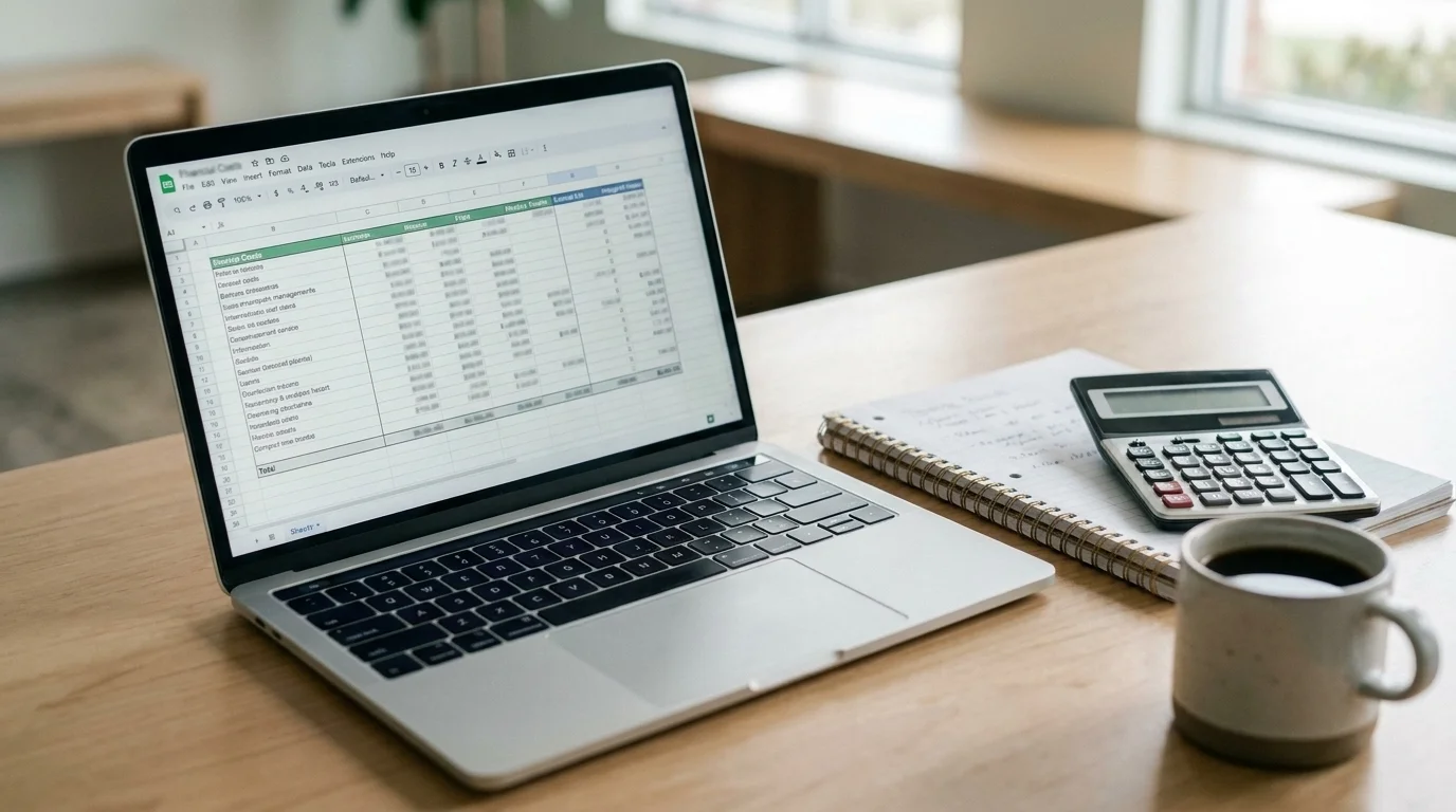Laptop showing a startup-cost spreadsheet beside a notebook, calculator, and coffee on a desk in soft daylight