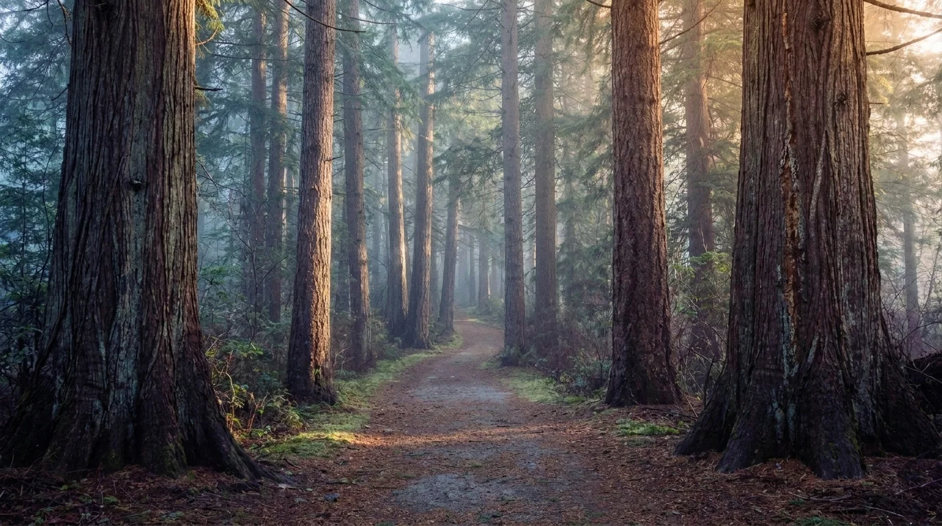 Soft morning sunlight filtering through tall conifer trees onto a quiet wooded path with mist between trunks