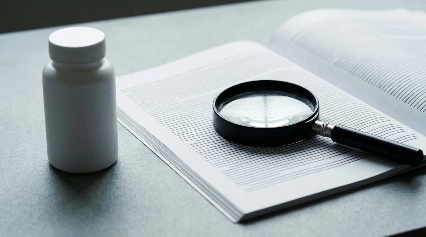 Unlabeled supplement bottle on a desk beside an open regulatory document and a magnifying glass