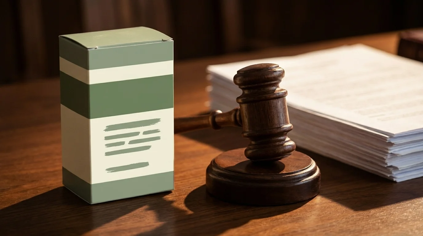 Wellness supplement box with a bold marketing claim on a wooden desk beside a gavel and a stack of documents
