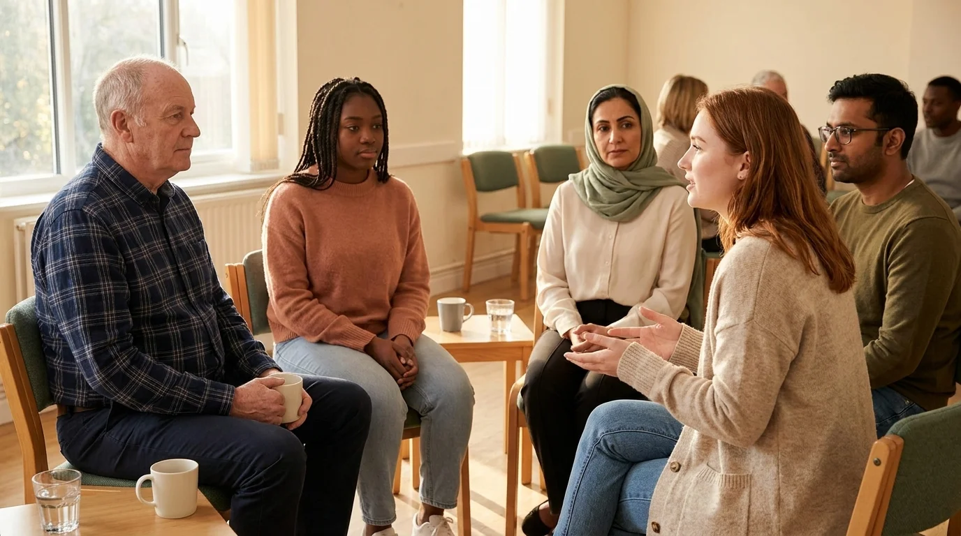 Diverse adults in a circle of chairs in a warm community room during a peer support group, listening to one member