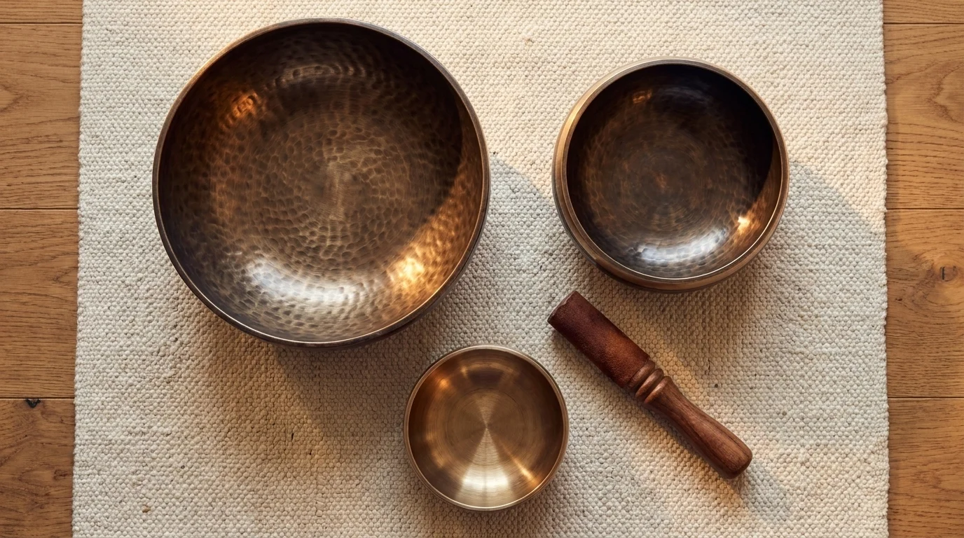 Overhead of three Tibetan singing bowls on a natural-fibre rug with a wooden mallet in soft afternoon light