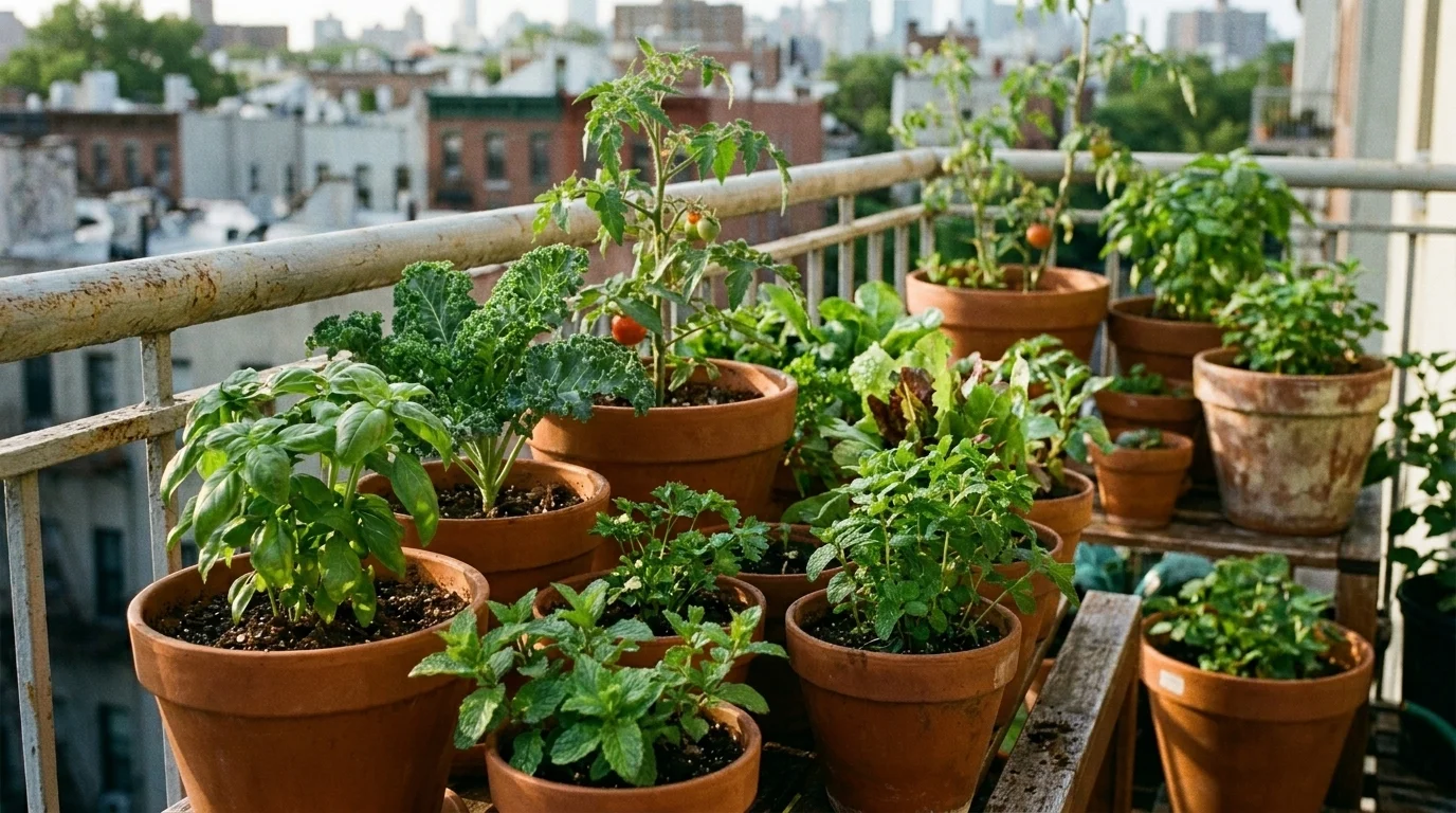 A thriving balcony container garden of potted herbs, leafy greens, and a small tomato plant against a soft city backdrop