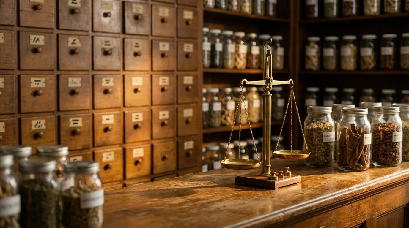 Traditional medicine pharmacy interior with rows of wooden herb drawers, glass jars of dried herbs, and brass scales