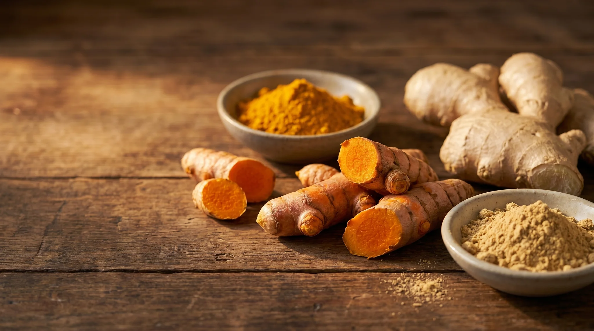 Fresh turmeric and ginger rhizomes beside small bowls of their ground powders on a dark wooden surface