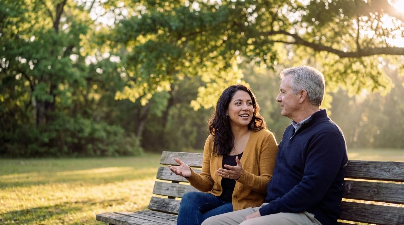 Two people on a park bench in soft afternoon light, an older man listening as a younger woman talks