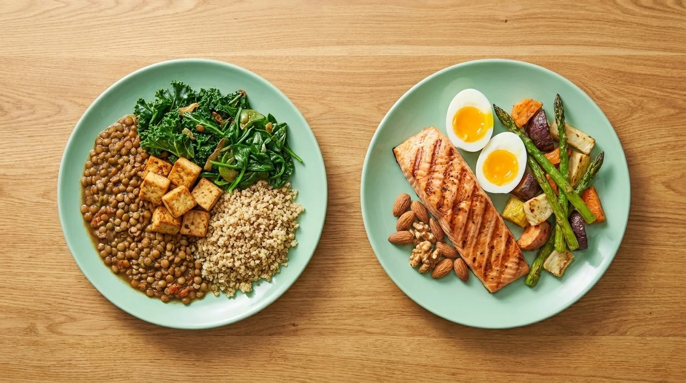 Overhead of two plates side by side, a vegan plate of lentils, tofu, and greens beside a paleo plate of salmon and eggs