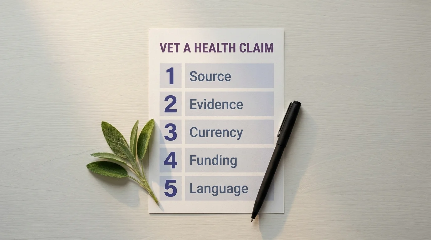 Printed checklist card headed Vet a Health Claim with five numbered pillars: source, evidence, currency, funding, language