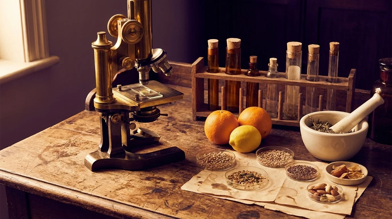 Vintage early-1900s nutrition lab bench with amber glass vials, a brass microscope, citrus, and dried samples