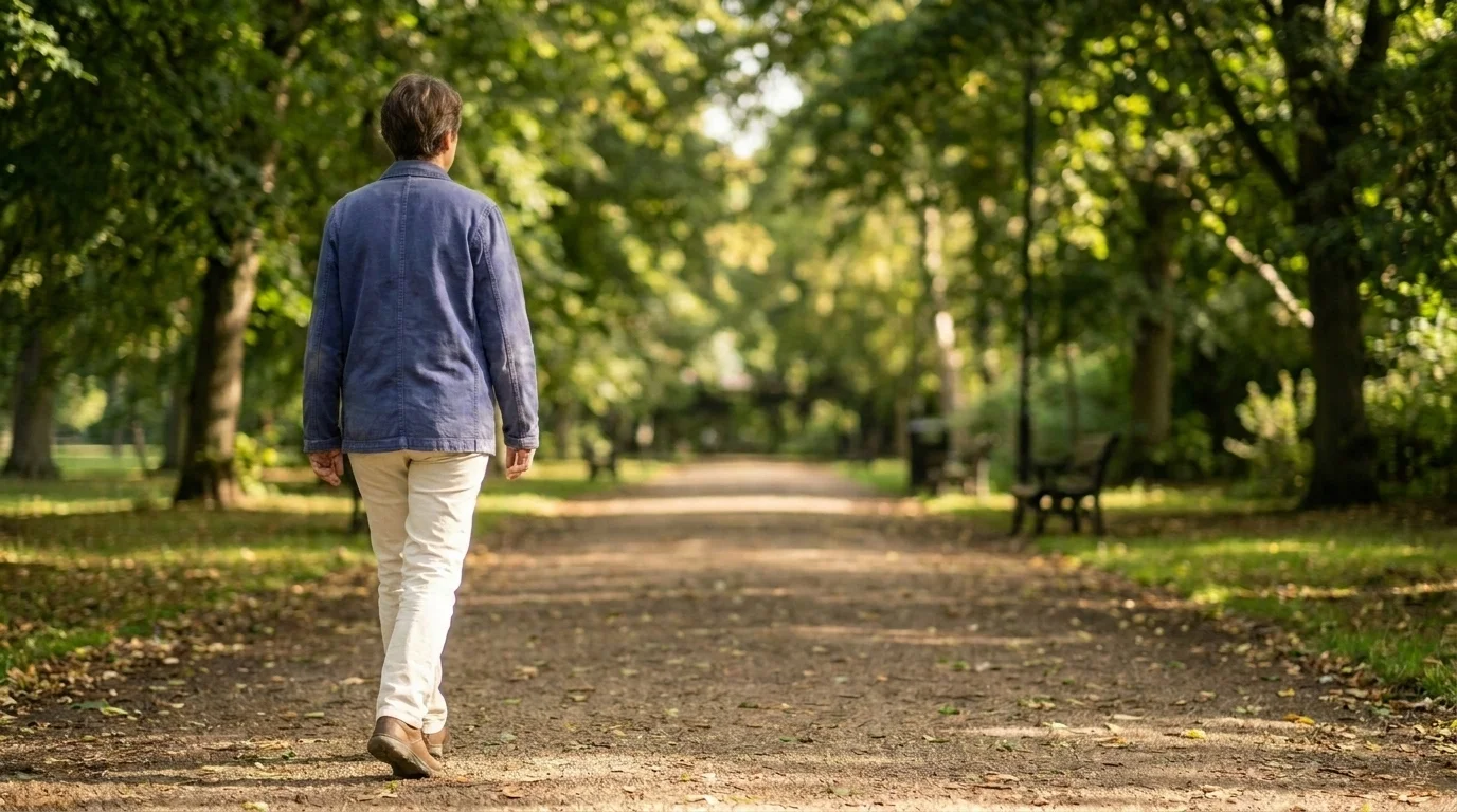 A person seen from behind walking slowly and attentively on a dappled tree-lined path, mid-stride in a walking meditation