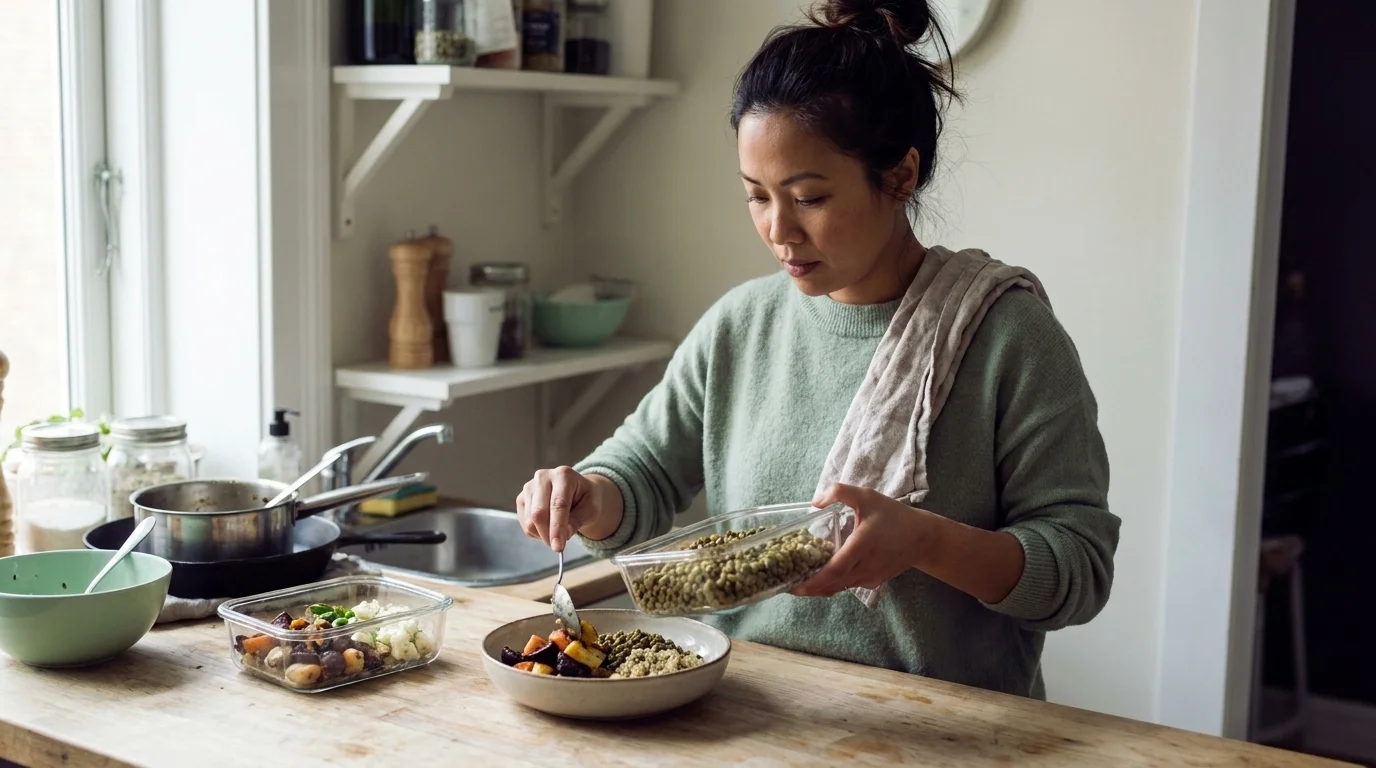 Person spooning roasted vegetables, lentils and grain into a bowl from prepped containers on a weeknight kitchen counter