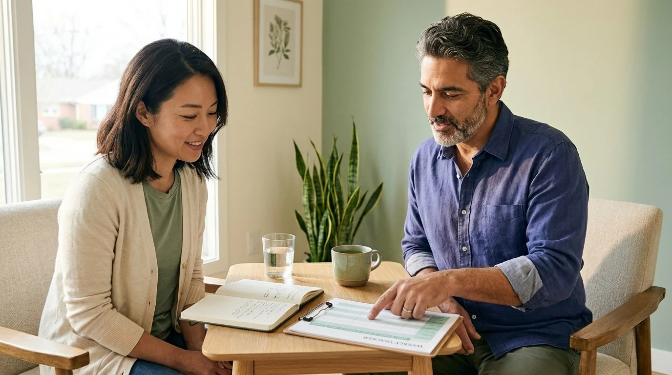 Wellness coach and female client at a wood table with open lifestyle journal, weekly habit tracker, and herbal tea