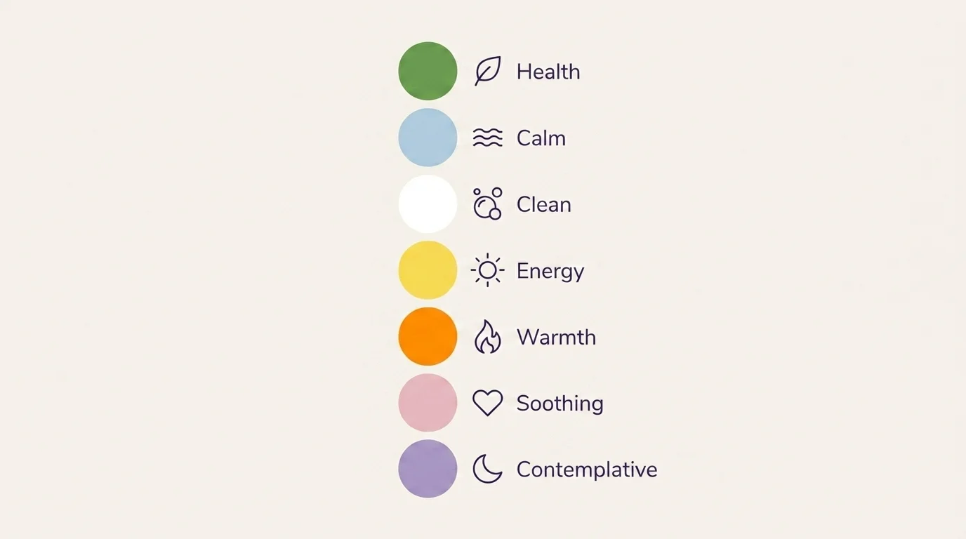 Chart of seven wellness color swatches, each with an icon and one word of meaning: health, calm, clean, energy, warmth