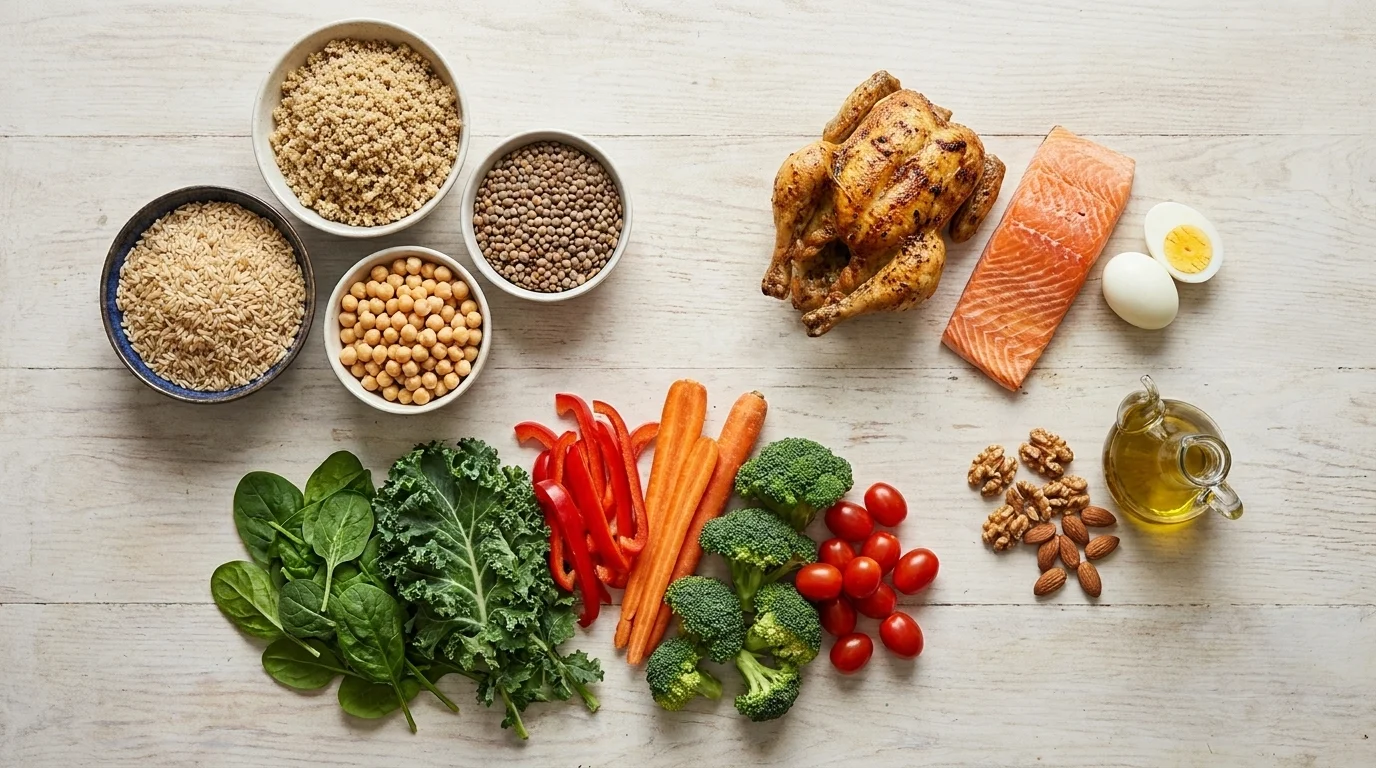 Overhead spread of whole foods on light wood — grains, legumes, fish, lean protein, leafy greens, vegetables, nuts and olive oil