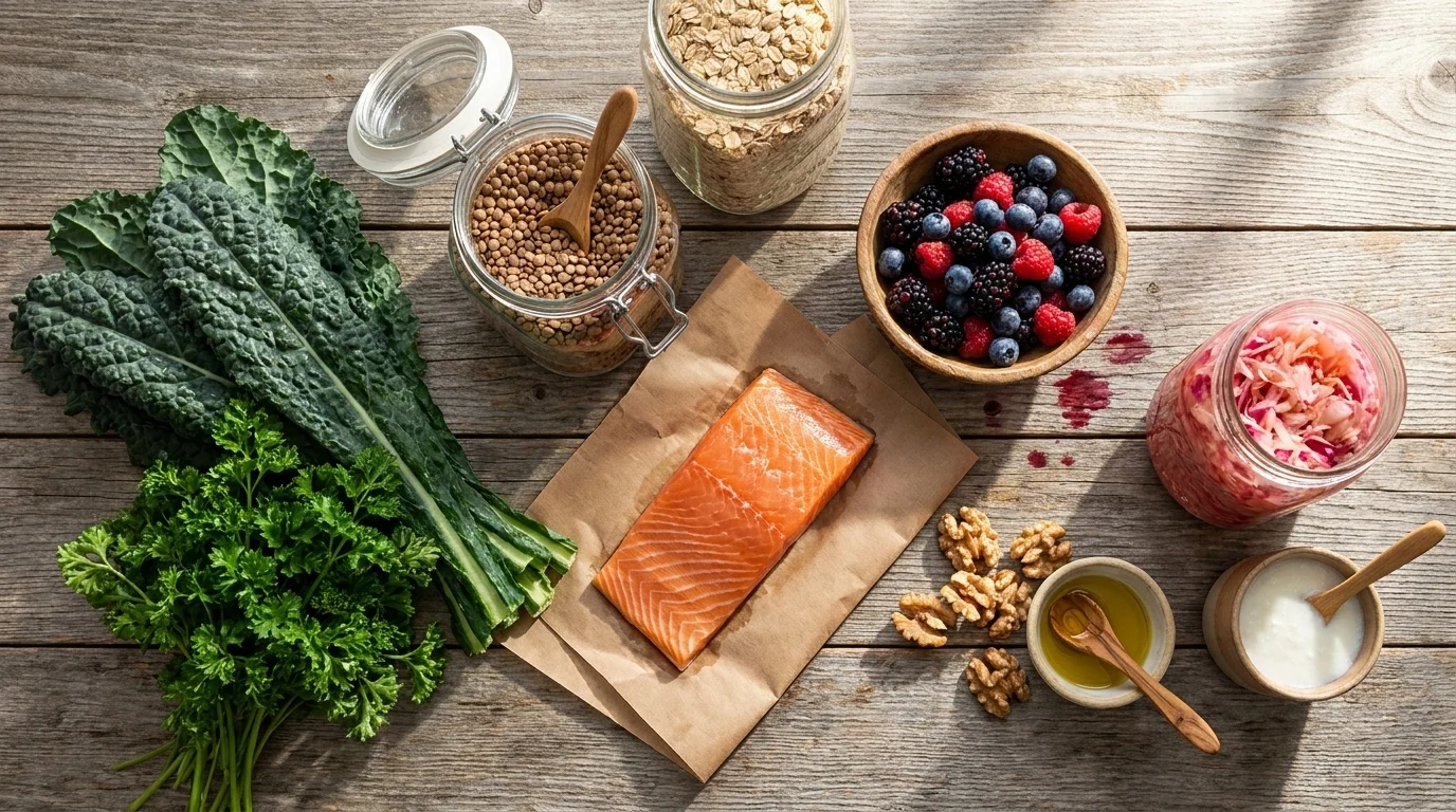 Wood counter spread with kale, parsley, jars of lentils and oats, a salmon fillet, berries, walnuts, and olive oil