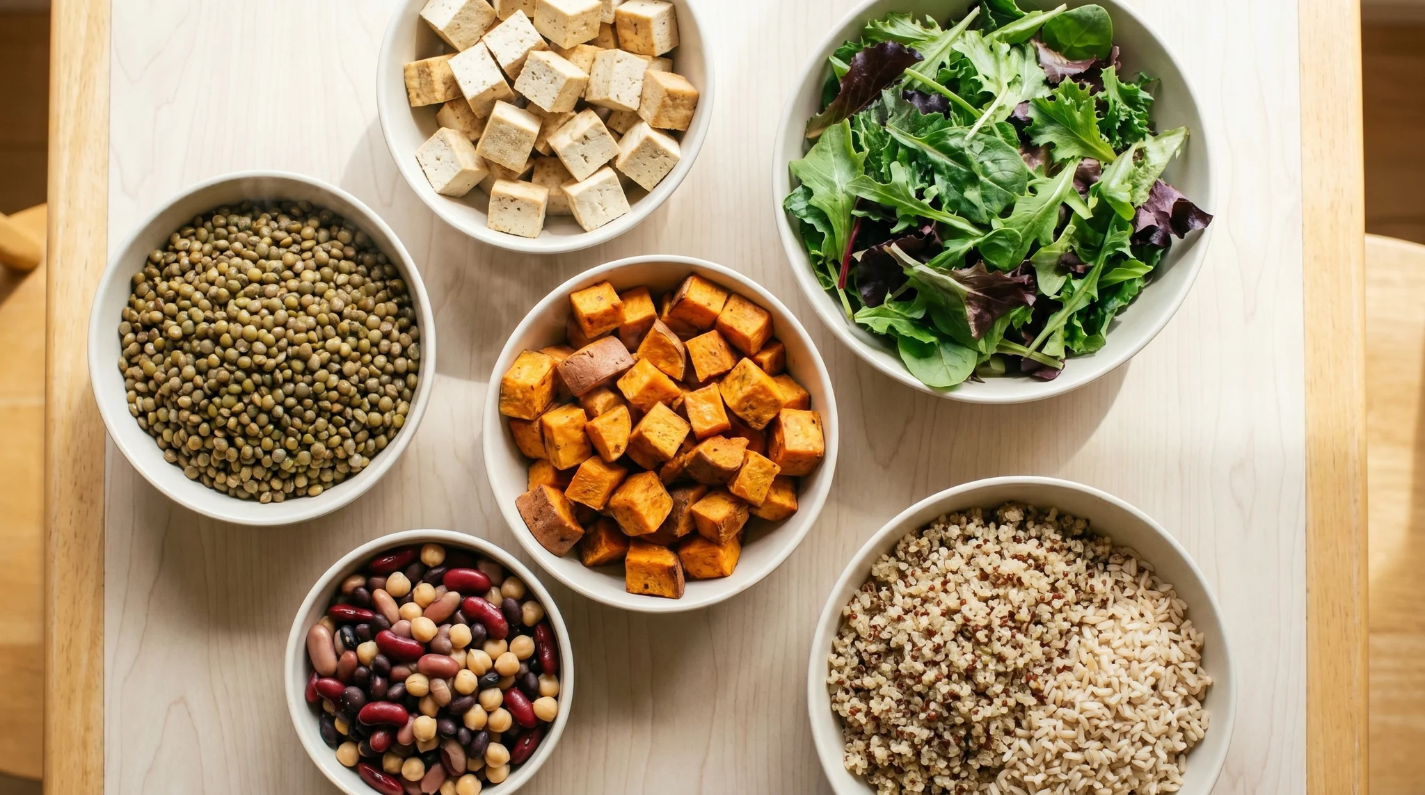 Overhead spread of whole plant foods — lentils, tofu, leafy greens, sweet potatoes, beans, and grains in bowls