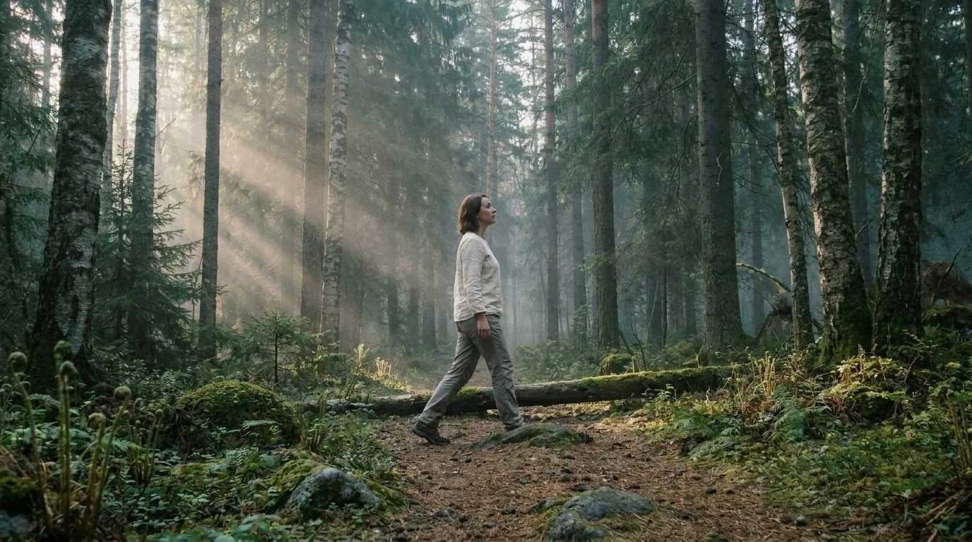 Woman in her forties walking slowly through a temperate conifer-and-birch forest at mid-morning, no phone in sight