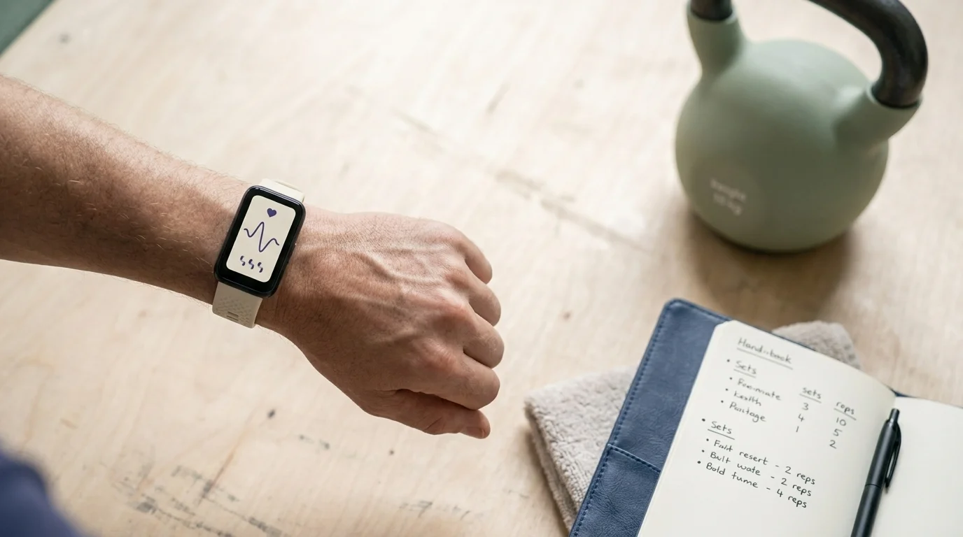 Wrist with fitness tracker showing heart-rate variability beside a notebook and a kettlebell on a light-wood gym floor