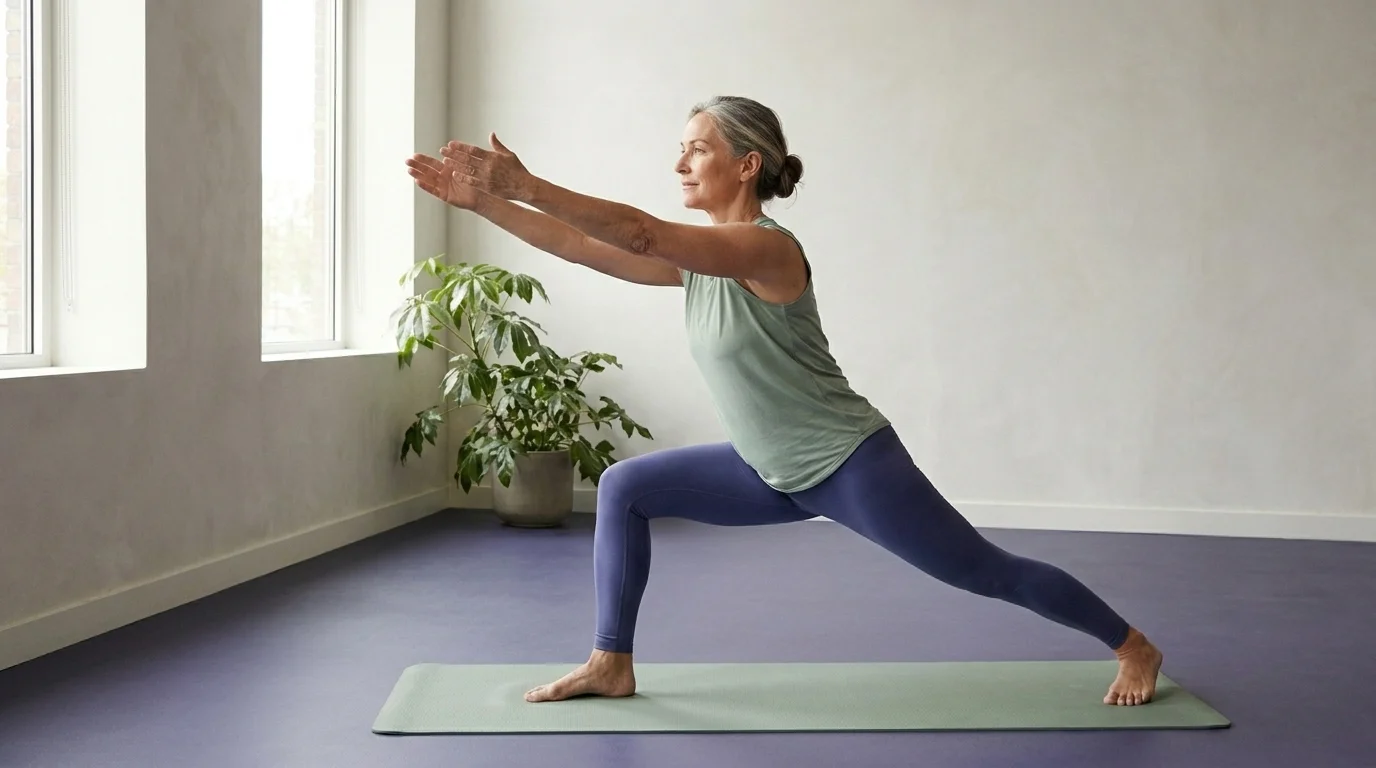 Woman in her fifties holding a low warrior lunge on a yoga mat in a bright daylit studio