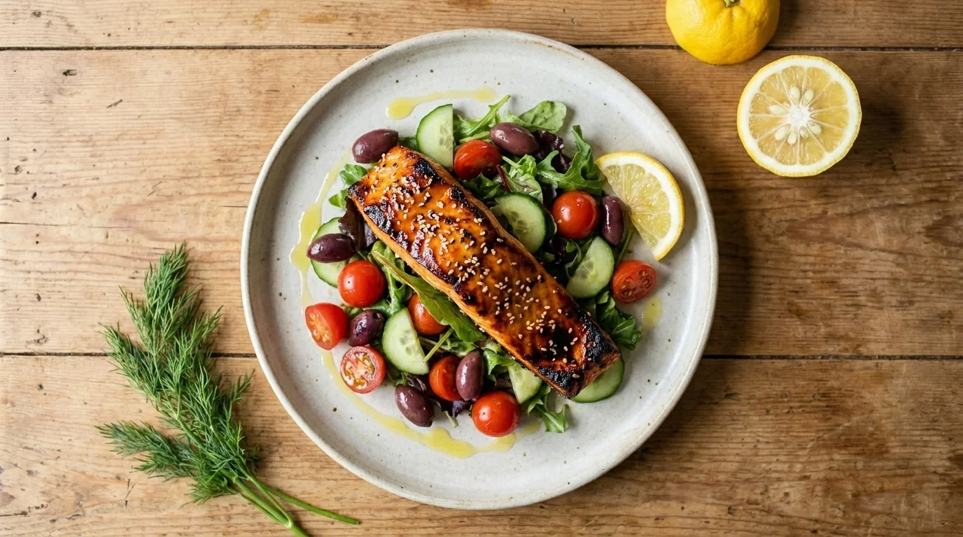 Overhead yuzu-and-sesame glazed salmon over a Mediterranean salad of tomatoes, olives, and greens on a ceramic plate