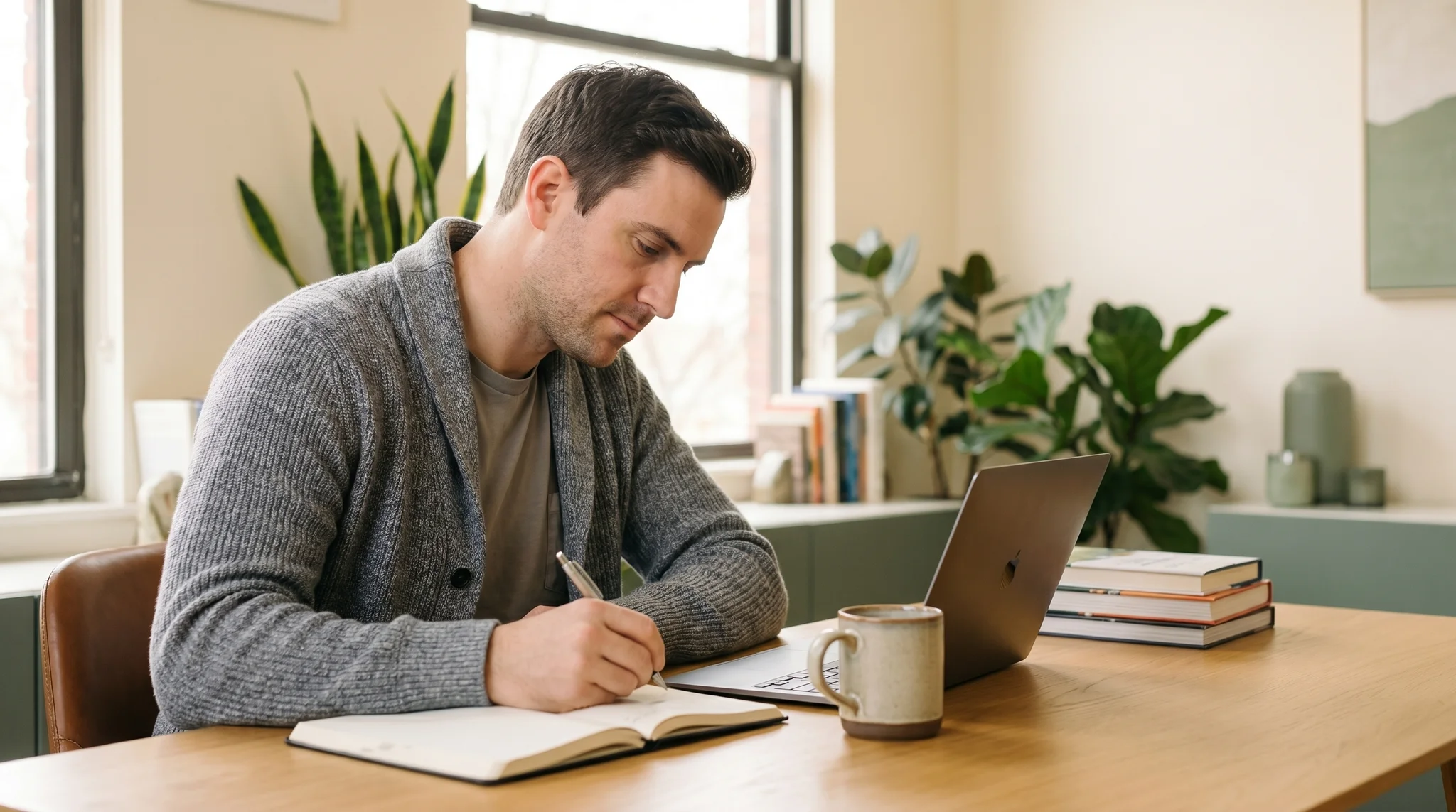 Adult learner studying coaching certification course materials at a desk with a laptop and notebook