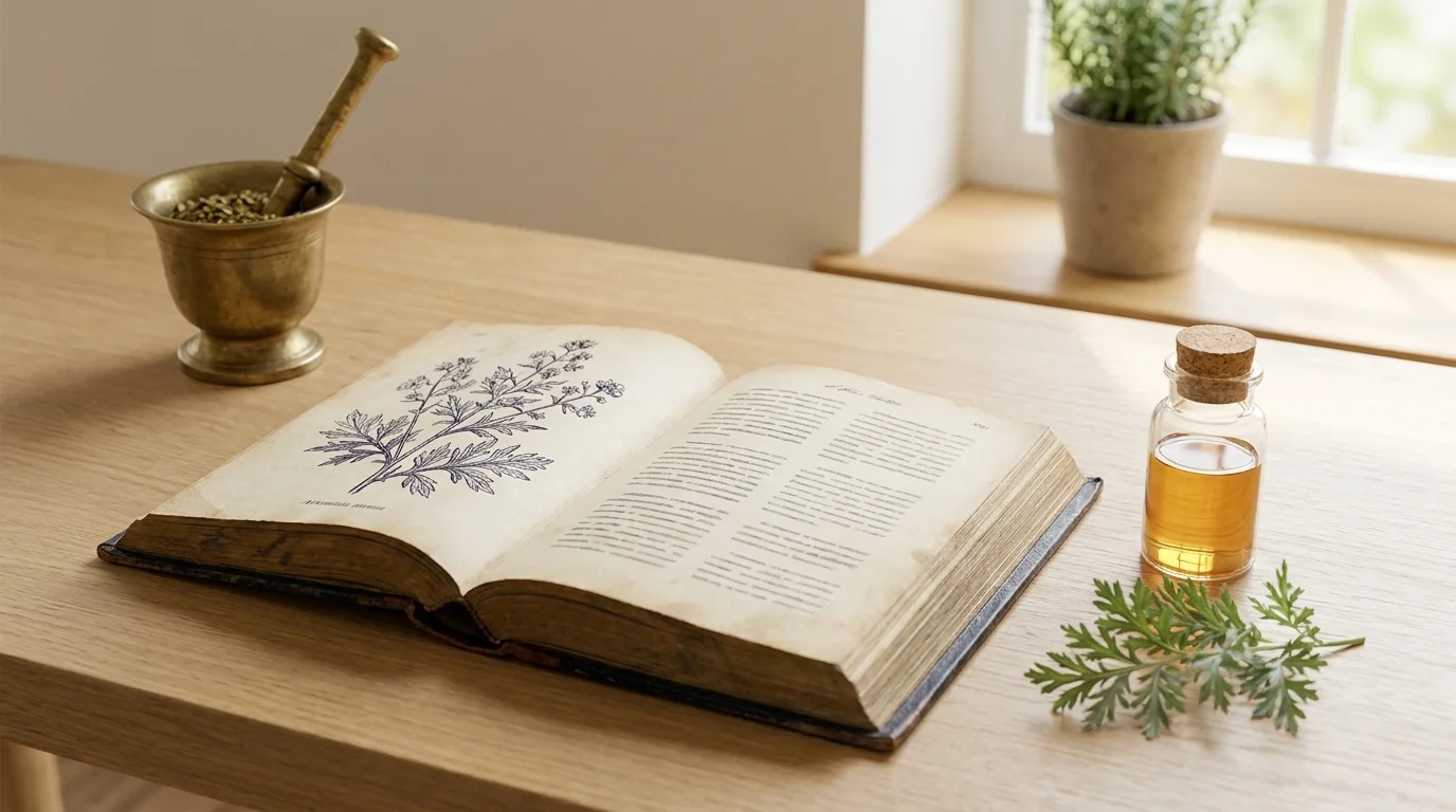 Open aged herbal medicine book beside a golden artemisinin vial and a sprig of sweet wormwood Artemisia annua