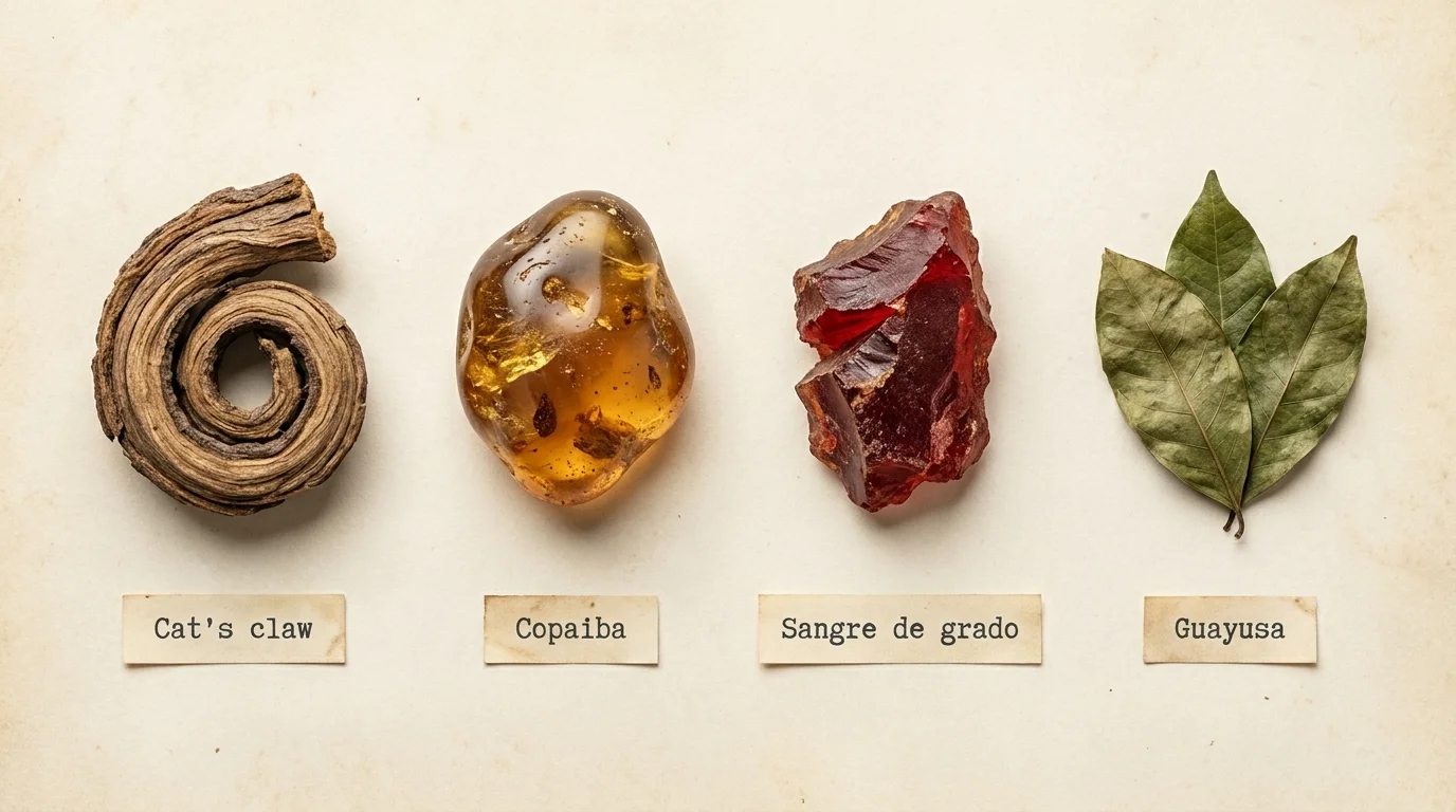 A herbarium flat-lay of dried Amazonian botanicals — cat's claw bark, copaiba resin, sangre de grado, and guayusa