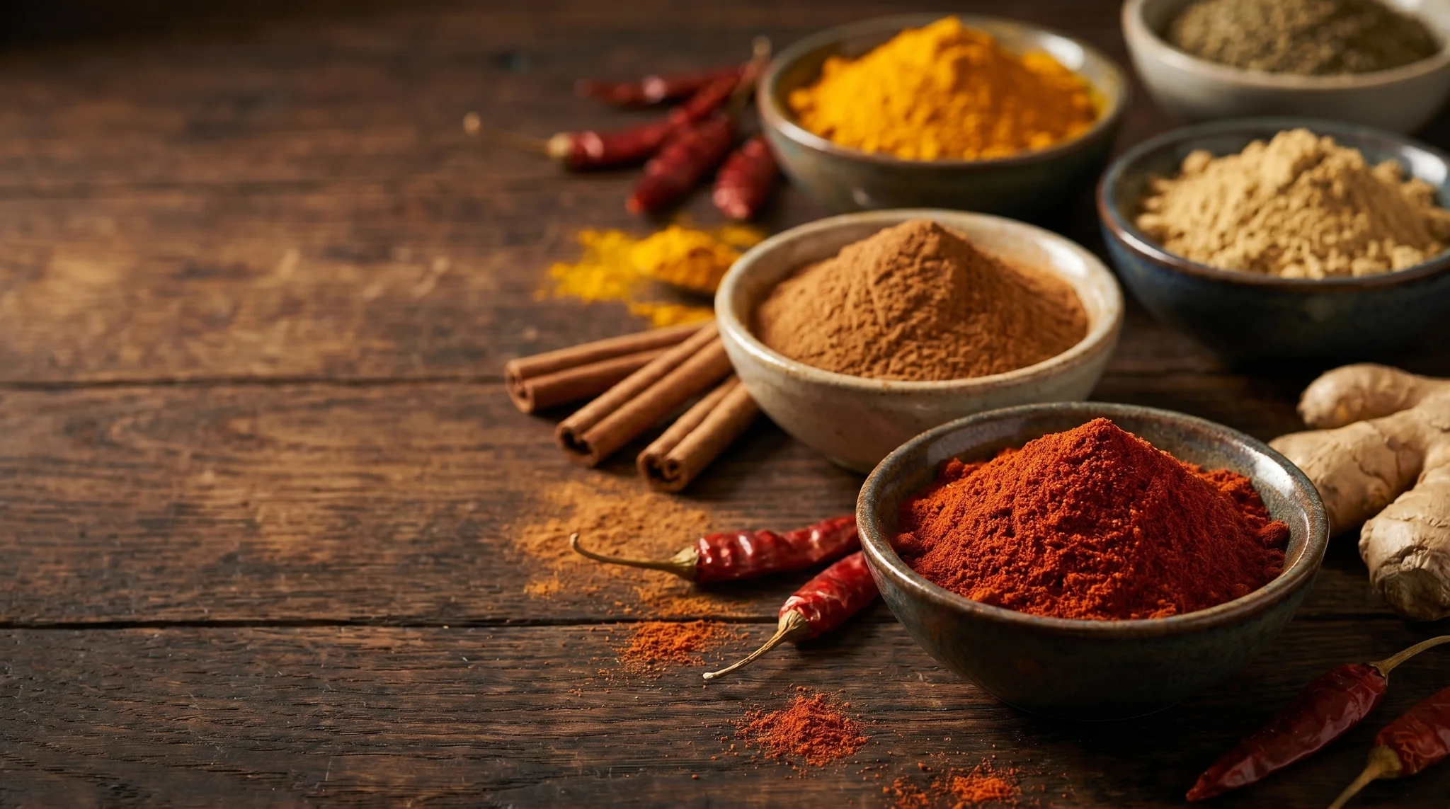 Close-up of small bowls of ground turmeric, cinnamon, ginger, and paprika with whole spices scattered