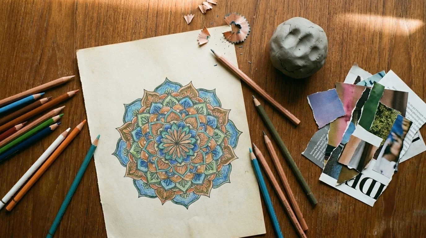 Overhead flat-lay of at-home art therapy activities: a half-colored mandala, colored pencils, clay, and collage scraps