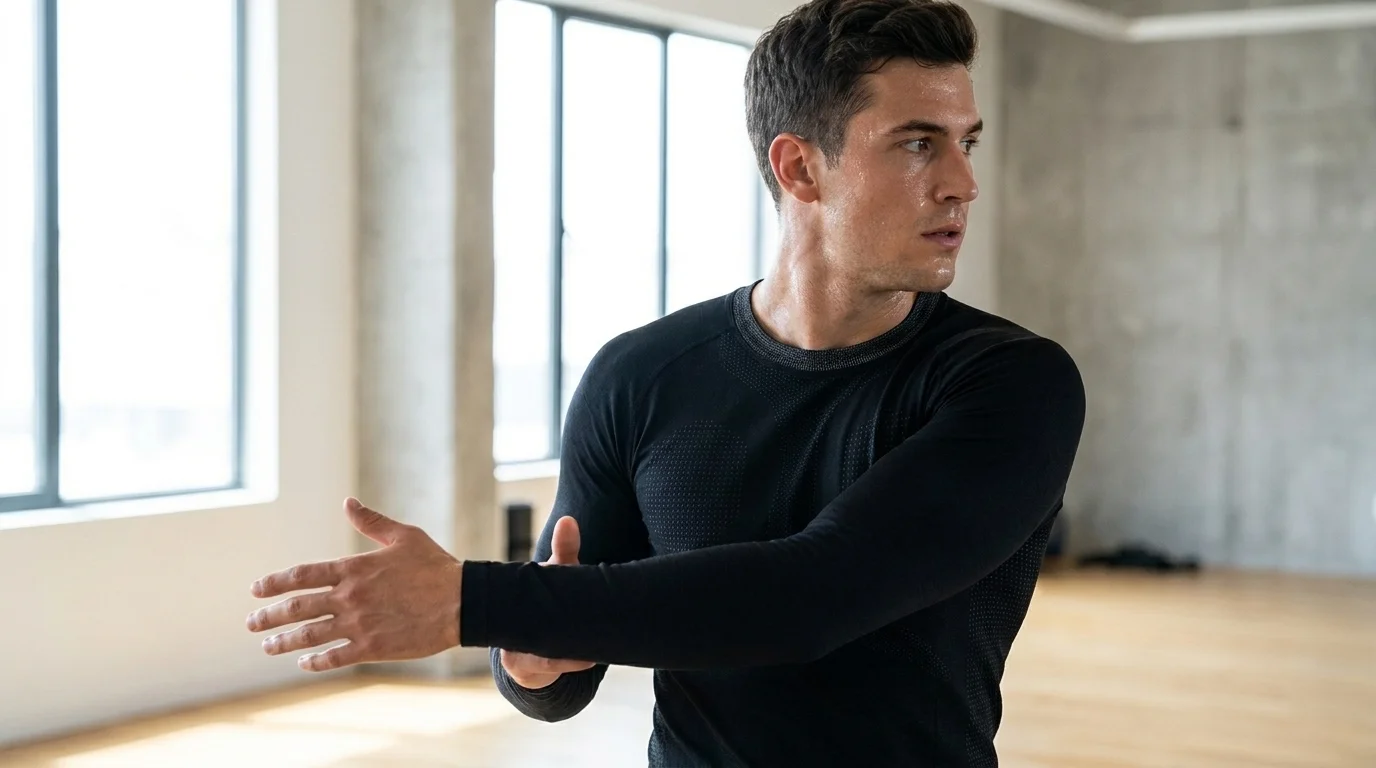 Person mid-workout in a fitted athletic sensor shirt with a faint woven sensor pattern across the chest