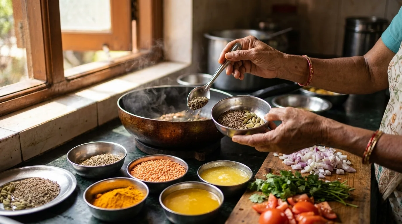 Hands preparing an ayurvedic diet meal — bowls of turmeric and whole spices, lentils, ghee and fresh vegetables on a counter