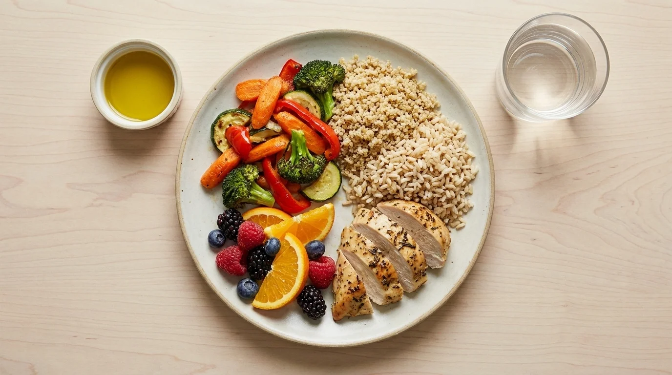 Overhead balanced dinner plate on the MyPlate model — half vegetables and fruit, a quarter whole grains, a quarter lean protein