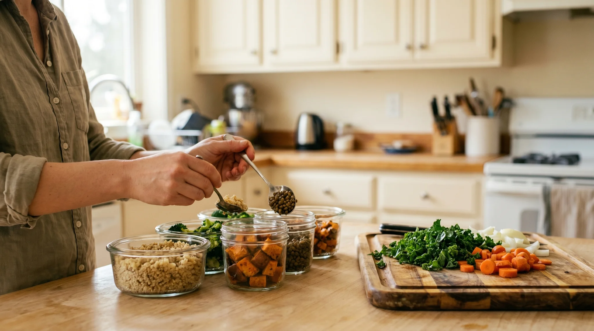 Person batch-prepping plant-based meals in glass containers with chopped vegetables, grains, and legumes