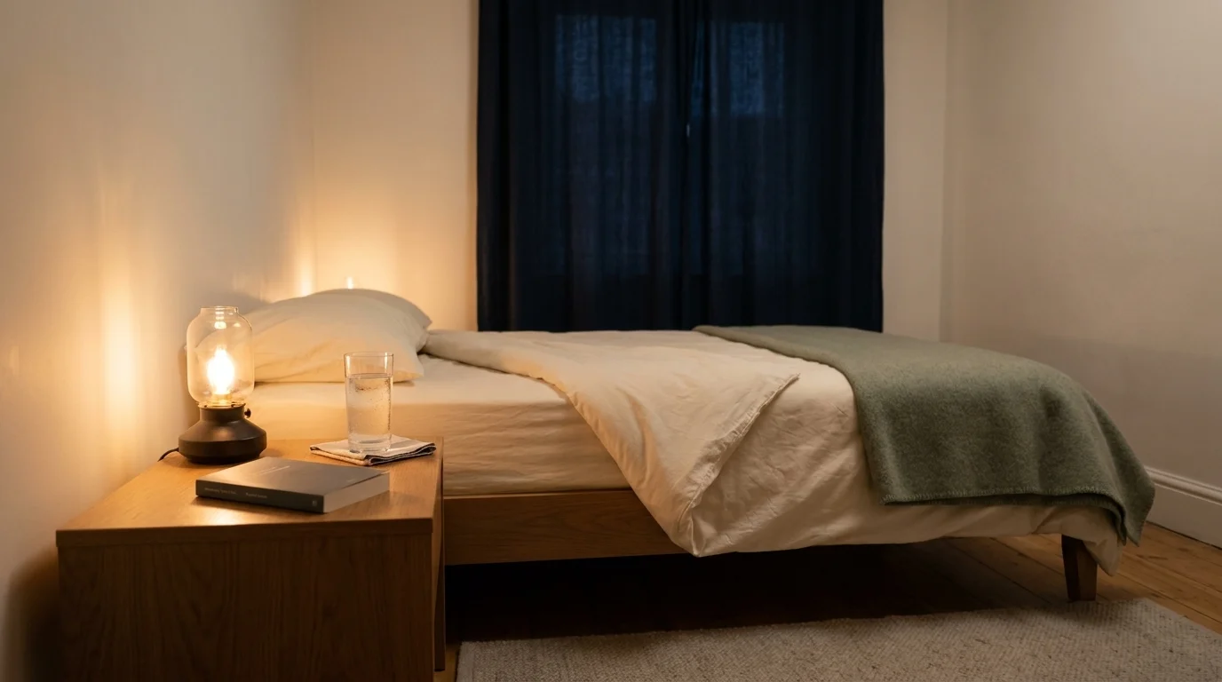 Bedside table at end of wind-down with warm lamp, closed book, and glass of water, no screens visible
